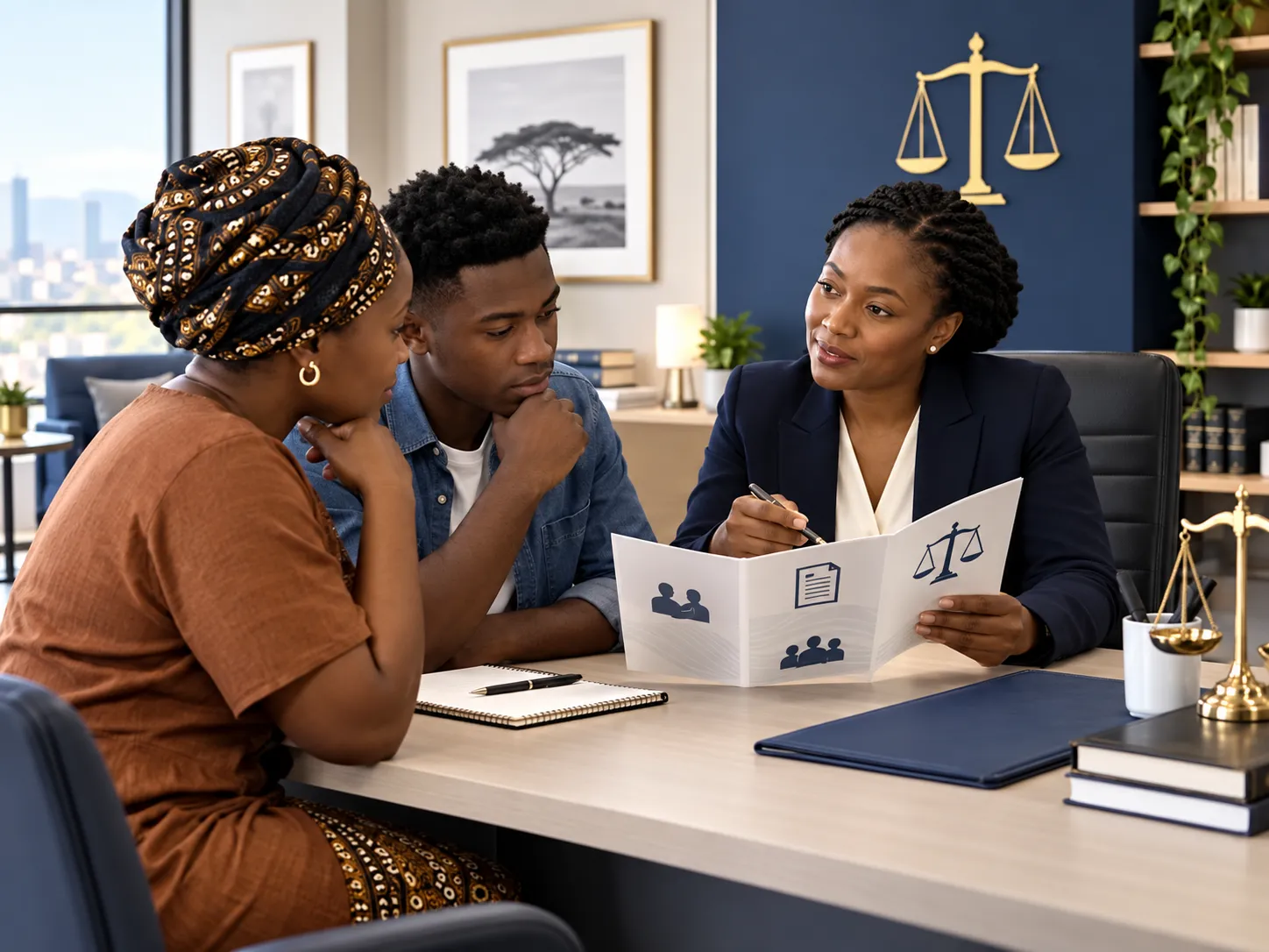 African community members reviewing plain-language legal rights information with a legal educator