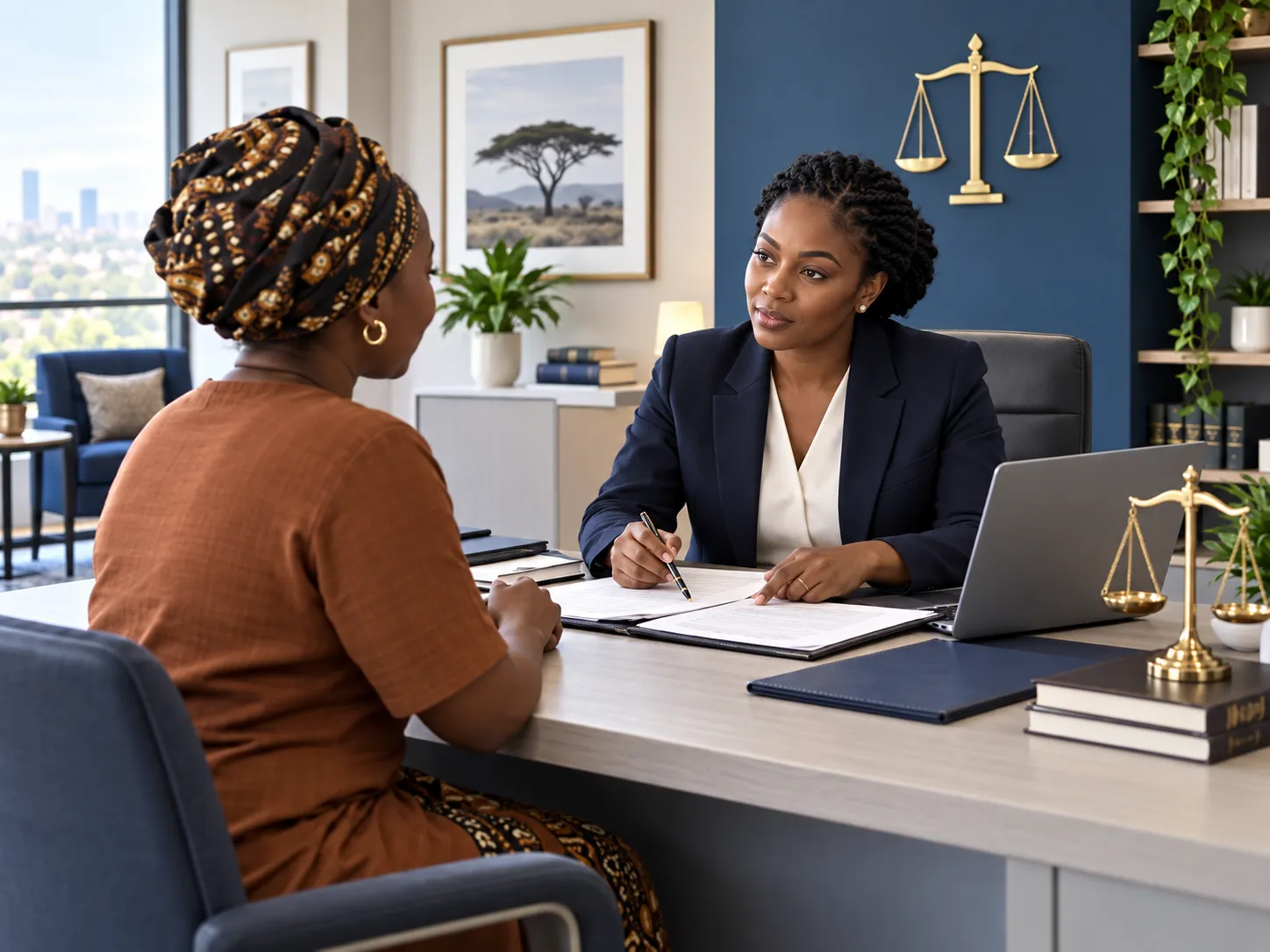 African client speaking with a legal-aid professional during an initial consultation